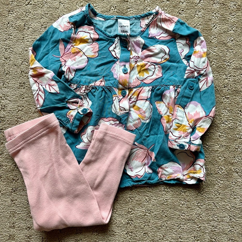 Carter’s 18 Month Girl Teal and Pink Floral Top with Pink Leggings.